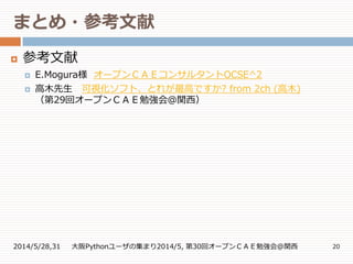 まとめ・参考文献
2014/5/28,31 大阪Pythonユーザの集まり2014/5, 第30回オープンＣＡＥ勉強会@関西 20
 参考文献
 E.Mogura様 オープンＣＡＥコンサルタントOCSE^2
 高木先生 可視化ソフト、どれが最高ですか? from 2ch (高木)
（第29回オープンＣＡＥ勉強会＠関西）
 