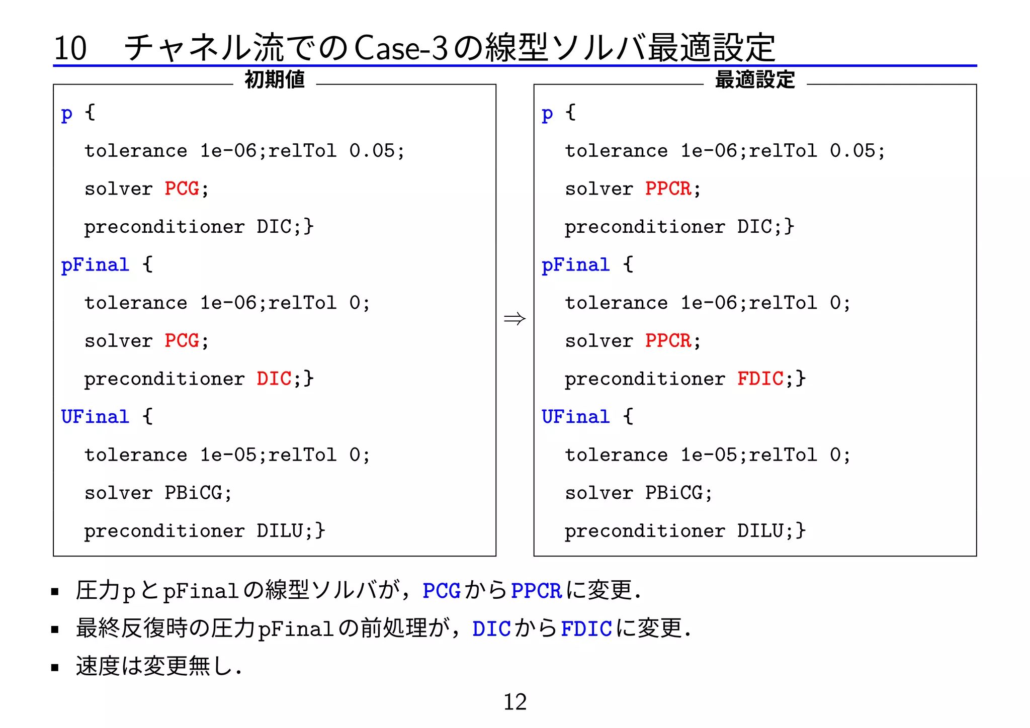 10 チャネル流でのCase-3の線型ソルバ最適設定
初期値
p {
tolerance 1e-06;relTol 0.05;
solver PCG;
preconditioner DIC;}
pFinal {
tolerance 1e-06;relTol 0;
solver PCG;
preconditioner DIC;}
UFinal {
tolerance 1e-05;relTol 0;
solver PBiCG;
preconditioner DILU;}
⇒
最適設定
p {
tolerance 1e-06;relTol 0.05;
solver PPCR;
preconditioner DIC;}
pFinal {
tolerance 1e-06;relTol 0;
solver PPCR;
preconditioner FDIC;}
UFinal {
tolerance 1e-05;relTol 0;
solver PBiCG;
preconditioner DILU;}
• 圧力pとpFinalの線型ソルバが，PCGからPPCRに変更．
• 最終反復時の圧力pFinalの前処理が，DICからFDICに変更．
• 速度は変更無し．
12
 