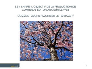 1111
LE « SHARE », OBJECTIF DE LA PRODUCTION DE
CONTENUS ÉDITORIAUX SUR LE WEB
COMMENT ALORS FAVORISER LE PARTAGE ?
 
