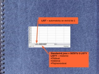 LIST – automaticky se otvírá list 1




         Standartně jsou v SEŠITU 3 LISTY
         LISTY – můžeme:
         ●Přidávat

         ●Odebírat

         ●Přejmenovávat
 