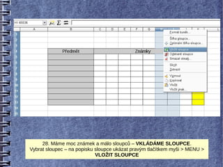 28. Máme moc známek a málo sloupců – VKLÁDÁME SLOUPCE.
Vybrat sloupec – na popisku sloupce ukázat pravým tlačítkem myši > MENU >
                            VLOŽIT SLOUPCE
 