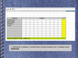 1. Otevřeme si tabulku z minulé lekce (hodiny) budeme do ní vkládat funkci
AVERAGE
 