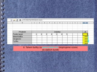 8. Tahem buňky za pravý dolní roh zkopírujeme vzorec
                  do dalších buněk
 