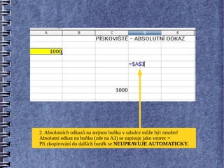 2. Absolutních odkazů na stejnou buňku v tabulce může být mnoho!
Absolutní odkaz na buňku (zde na A3) se zapisuje jako vzorec =
Při zkopírování do dalších buněk se NEUPRAVUJE AUTOMATICKY.
 