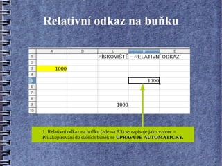 Relativní odkaz na buňku




1. Relativní odkaz na buňku (zde na A3) se zapisuje jako vzorec =
Při zkopírování do dalších buněk se UPRAVUJE AUTOMATICKY.
 