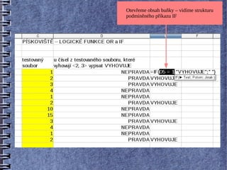 Otevřeme obsah buňky – vidíme strukturu
podmíněného příkazu IF
 
