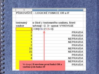 Ve sloupci D otevřeme první funkci OR a
vnoříme ji do funkce IF
 