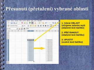 Přesunutí (přetažení) vybrané oblasti

                         1. Vybrat OBLAST
                         Určujeme tažením myši
                         (stlačené levé tlačítko)

                         2. PŘETÁHNOUT
                         (stlačené levé tlačítko)

                         3. UPUSTIT
                         (uvolnit levé tlačítko)
 