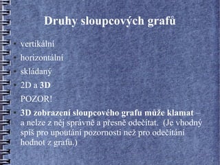 Druhy sloupcových grafů
●   vertikální
●   horizontální
●   skládaný
●   2D a 3D
    POZOR!
●   3D zobrazení sloupcového grafu může klamat –
    a nelze z něj správně a přesně odečítat. (Je vhodný
    spíš pro upoutání pozornosti než pro odečítání
    hodnot z grafu.)
 