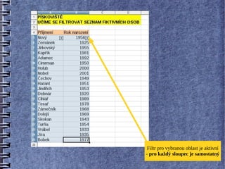 Filtr pro vybranou oblast je aktivní
- pro každý sloupec je samostatný
 
