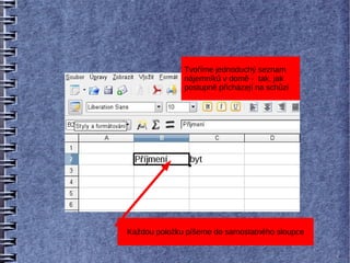 Tvoříme jednoduchý seznam
              nájemníků v domě - tak, jak
              postupně přicházejí na schůzi




Každou položku píšeme do samostatného sloupce
 