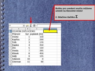 Buňku pro uvedení součtu můžeme
umístit na libovolné místo!

2. Stlačíme tlačítko   Σ
 