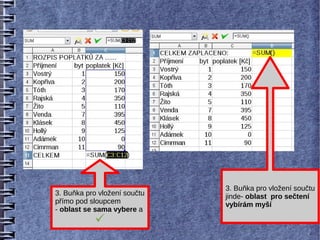 3. Buňka pro vložení součtu
3. Buňka pro vložení součtu   jinde- oblast pro sečtení
přímo pod sloupcem            vybírám myší
- oblast se sama vybere a
            ✓
 