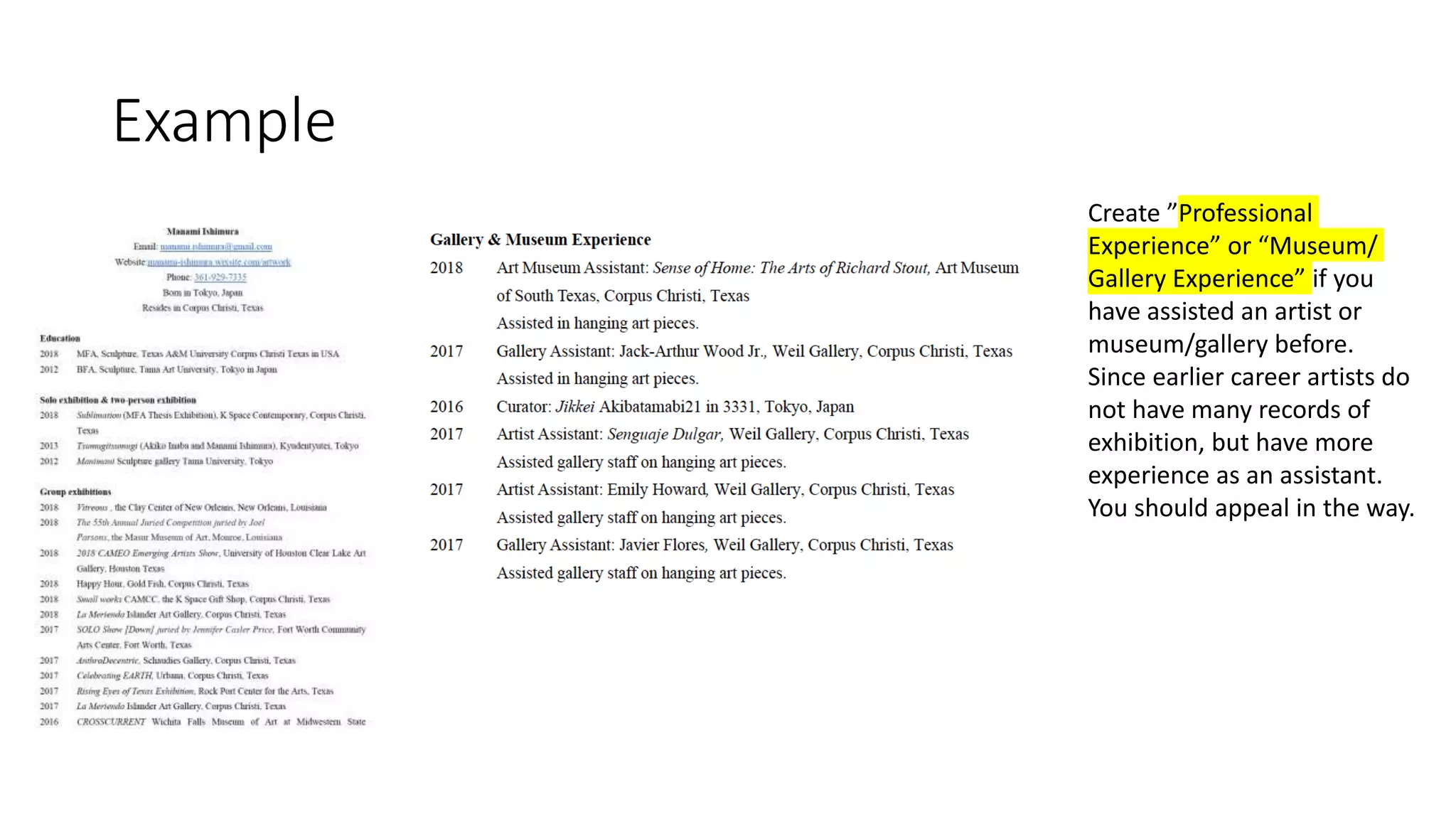 Example
Create ”Professional
Experience” or “Museum/
Gallery Experience” if you
have assisted an artist or
museum/gallery before.
Since earlier career artists do
not have many records of
exhibition, but have more
experience as an assistant.
You should appeal in the way.
 