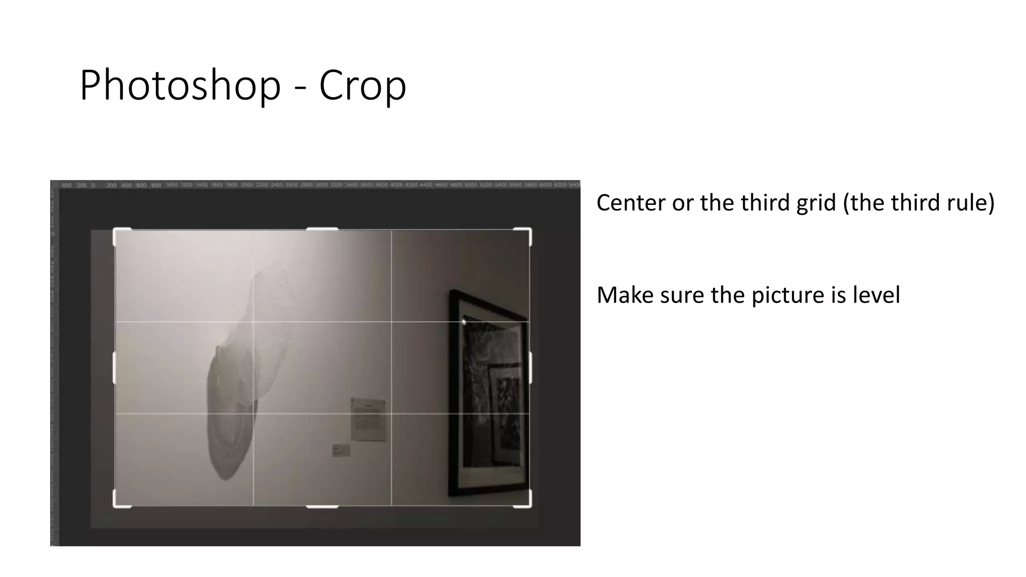 Photoshop - Crop
Center or the third grid (the third rule)
Make sure the picture is level
 
