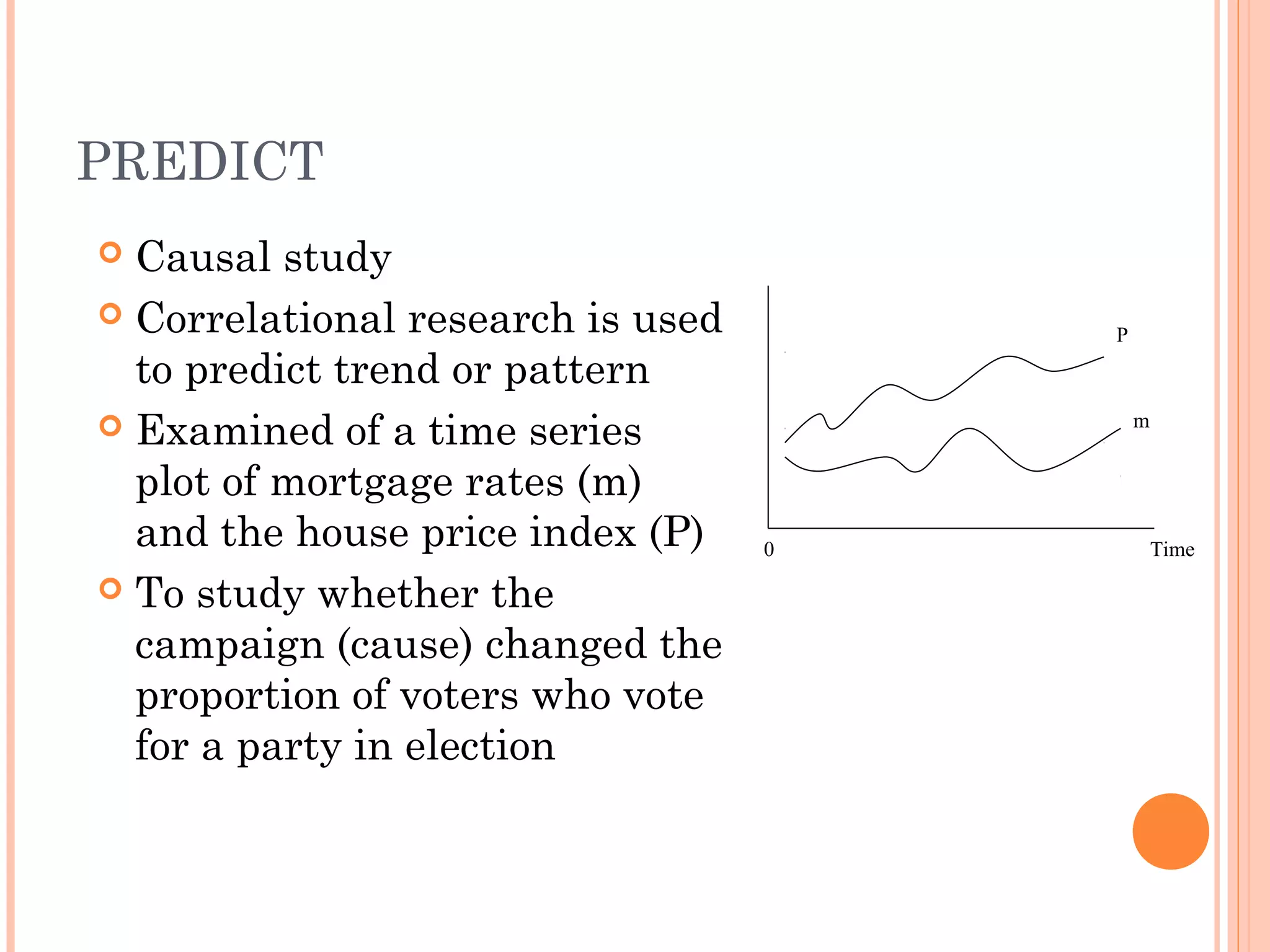 PREDICT
 Causal study
 Correlational research is used
to predict trend or pattern
 Examined of a time series
plot of mortgage rates (m)
and the house price index (P)
 To study whether the
campaign (cause) changed the
proportion of voters who vote
for a party in election
P
m
0 Time
 
