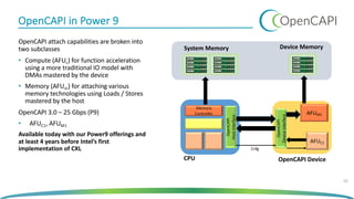 OpenCAPI in Power 9
OpenCAPI attach capabilities are broken into
two subclasses
• Compute (AFUc) for function acceleration
using a more traditional IO model with
DMAs mastered by the device
• Memory (AFUm) for attaching various
memory technologies using Loads / Stores
mastered by the host
OpenCAPI 3.0 – 25 Gbps (P9)
• AFUC1, AFUM1
Available today with our Power9 offerings and
at least 4 years before Intel’s first
implementation of CXL
10
OpenCAPI
Hostinterface
Memory
Controller
System Memory
CPU
Device Memory
OpenCAPI Device
OpenCAPI
Deviceinterface
AFUC1
Cnfg
AFUM1
 