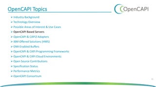 OpenCAPI Topics
Ø Industry Background
Ø Technology Overview
Ø Possible Areas of Interest & Use Cases
Ø OpenCAPI Based Servers
Ø OpenCAPI & CAPI2 Adapters
Ø IBM Offered Solutions (HMS)
Ø OMI Enabled Buffers
Ø OpenCAPI & CAPI Programming Frameworks
Ø OpenCAPI & CAPI Cloud Environments
Ø Open Source Contributions
Ø Specification Status
Ø Performance Metrics
Ø OpenCAPI Consortium
15
 