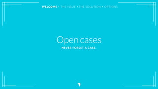 Open cases
NEVER FORGET A CASE.
WELCOME • THE ISSUE • THE SOLUTION • OPTIONS
 