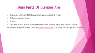 Main Parts Of Dumper Are
➢ Chassis (to which are fitted suspension system, wheels & tyres)
➢ Body and operator's cab
➢ Engine
➢ Hydraulic system and air system (for controlling steering, body hoisting and brakes)
In dumpers, engine and body sit on 4 suspension cylinders containing nitrogen gas and some oil.
 
