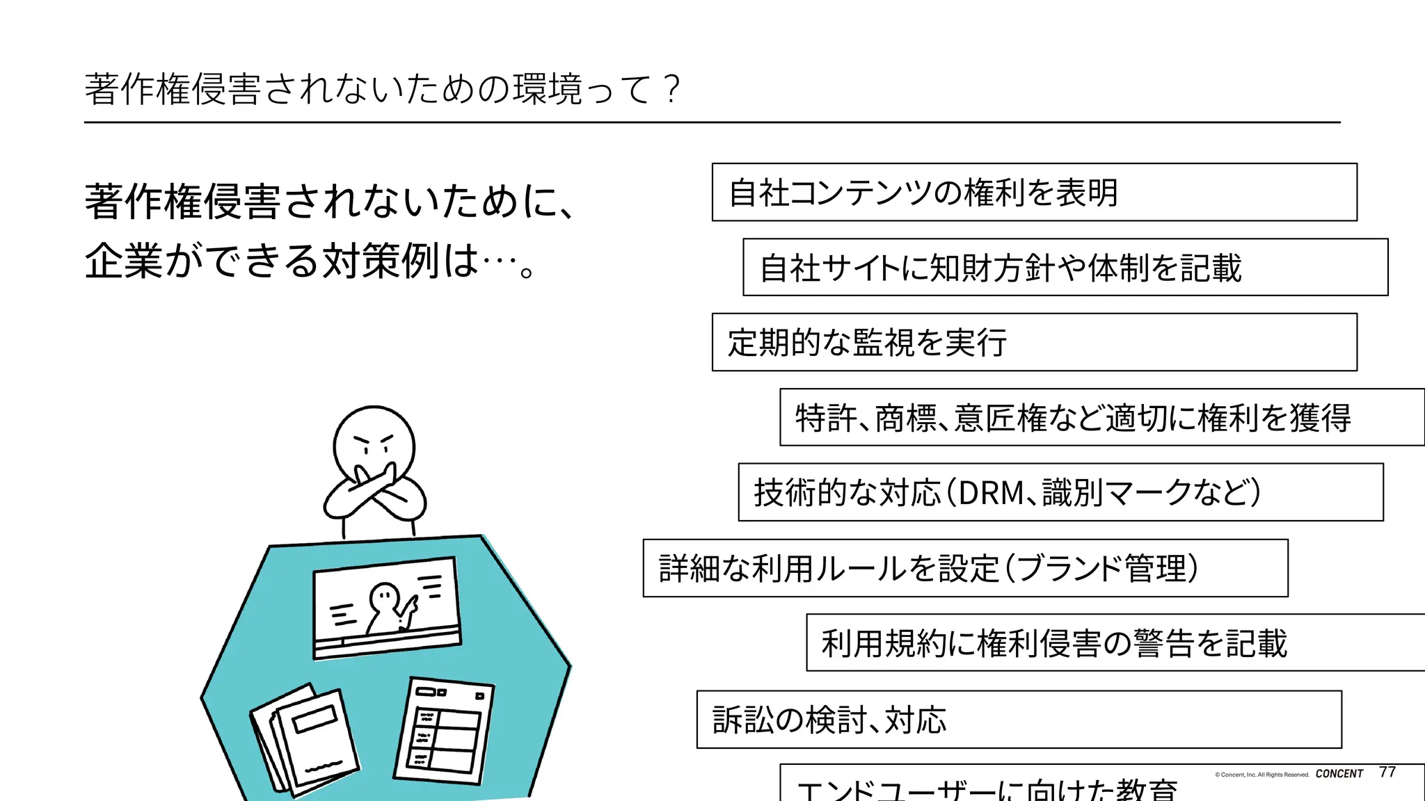 77
© Concent, Inc. All Rights Reserved.
著作権侵害されないための環境って？
著作権侵害されないために、
企業ができる対策例は…。 自社サイトに知財方針や体制を記載
特許、商標、意匠権など適切に権利を獲得
定期的な監視を実行
技術的な対応（DRM、識別マークなど）
訴訟の検討、対応
自社コンテンツの権利を表明
利用規約に権利侵害の警告を記載
詳細な利用ルールを設定（ブランド管理）
 