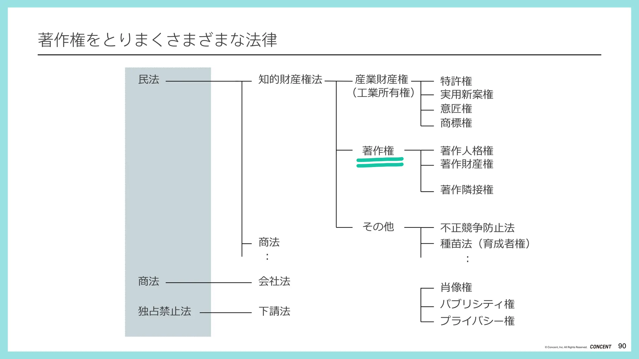 90
© Concent, Inc. All Rights Reserved.
著作権をとりまくさまざまな法律
知的財産権法 産業財産権
（⼯業所有権）
特許権
実⽤新案権
意匠権
商標権
著作⼈格権
著作財産権
著作隣接権
その他 不正競争防⽌法
種苗法（育成者権）
⺠法
商法
独占禁⽌法 下請法
︓ ︓
商法 会社法
著作権
肖像権
パブリシティ権
プライバシー権
 