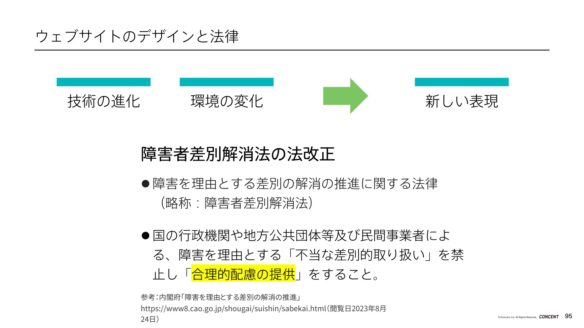 95
© Concent, Inc. All Rights Reserved.
ウェブサイトのデザインと法律
技術の進化
技術の進化 環境の変化 新しい表現
障害者差別解消法の法改正
l 障害を理由とする差別の解消の推進に関する法律
（略称：障害者差別解消法）
l 国の行政機関や地方公共団体等及び民間事業者によ
る、障害を理由とする「不当な差別的取り扱い」を禁
止し「合理的配慮の提供」をすること。
参考：内閣府「障害を理由とする差別の解消の推進」
https://www8.cao.go.jp/shougai/suishin/sabekai.html（閲覧日2023年8月
24日）
 