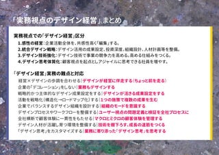 65
「実務視点のデザイン経営」 まとめ
実務視点での「デザイン経営」区分
1.感性の経営：企業活動全体を、共感性高く「編集」する。
2.統合デザイン戦略：デザイン活用の成果設定、投資深度、組織設計、人材計画等を整備。
3.デザイン技術強化：デザイン技術で事業の競争力を高める。高める仕組みをつくる。
４.デザイン思考体質化：顧客視点を起点としアジャイルに思考できる社員を増やす。
「デザイン経営」実務の難点と対応
経営×デザインの歩調を合わせる｜デザインが経営に伴走する（ちょっと前を走る）
企業の「デコレーション」をしない｜業務もデザインする
戦略的かつ主体的なデザイン成果設定をする｜デザインが活きる成果設定をする
活動を戦略化（構造化→ロードマップ化）する｜１つの施策で複数の成果を生む
企業でバランスするデザイン組織を設計する｜組織のモードを意識する
デザインプロセスやワークフローを整備する｜ユーザー視点の問題定義と検証を全社プロセスに
全社横断で顧客体験に一貫性をもたせる｜マクロとミクロの顧客体験を管理する
デザイン人材が活躍し育つ環境を整備する｜技術を棚下ろす、成長の道筋をつくる
「デザイン思考」をカスタマイズする｜業務に寄り添った「デザイン思考」を思考する
 