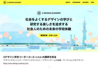 4
Xデザイン学校 リーダーコース（秋開講）の講師を担当
デザインプランニング／デザインマネジメント／デザインチームの組織／ワークショップのデザイン
https://www.xdesign-academy.com/
 