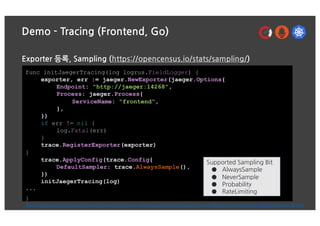 Demo - Tracing (Frontend, Go)
Exporter 등록, Sampling (https://opencensus.io/stats/sampling/)
func initJaegerTracing(log logrus.FieldLogger) {
exporter, err := jaeger.NewExporter(jaeger.Options{
Endpoint: "http://jaeger:14268",
Process: jaeger.Process{
ServiceName: "frontend",
},
})
if err != nil {
log.Fatal(err)
}
trace.RegisterExporter(exporter)
}
trace.ApplyConfig(trace.Config{
DefaultSampler: trace.AlwaysSample(),
})
initJaegerTracing(log)
...
}
Supported Sampling Bit
● AlwaysSample
● NeverSample
● Probability
● RateLimiting
https://github.com/census-instrumentation/opencensus-specs/blob/master/trace/Sampling.md#ratelimiting-sampler-implementation-details
 