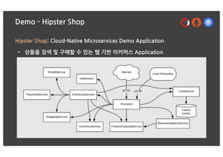 Demo - Hipster Shop
Hipster Shop: Cloud-Native Microservices Demo Application
• 상품을 검색 및 구매할 수 있는 웹 기반 이커머스 Application
 