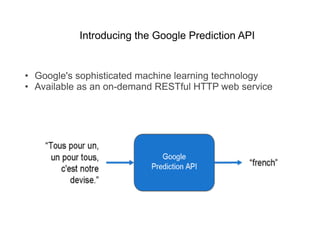 Introducing the Google Prediction API


•  Google's sophisticated machine learning technology
•  Available as an on-demand...