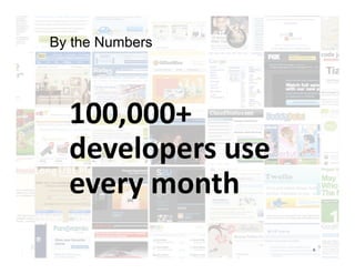By the Numbers




  100,000+	
  
  developers	
  use	
  
  every	
  month	
  
                          9
               ...