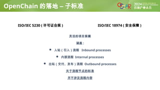 OpenChain 的落地 – 子标准
ISO/IEC 5230 ( 许可证合规 ) ISO/IEC 18974 ( 安全保障 )
灵活的项目规模
涵盖 :
 入站（引入）流程 Inbound processes
 内部流程 Internal processes
 出站（交付、发布）流程 Outbound processes
关于流程节点的标准
并不涉及流程内容
 