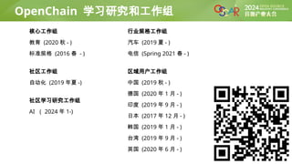 OpenChain 学习研究和工作组
行业规格工作组
汽车 (2019 夏 - )
电信 (Spring 2021 春 - )
区域用户工作组
中国 (2019 秋 - )
德国 (2020 年 1 月 - )
印度 (2019 年 9 月 - )
日本 (2017 年 12 月 - )
韩国 (2019 年 1 月 - )
台湾 (2019 年 9 月 - )
英国 (2020 年 6 月 - )
核心工作组
教育 (2020 秋 - )
标准规格 (2016 春 - )
社区工作组
自动化 (2019 年夏 -)
社区学习研究工作组
AI （ 2024 年 1-)
 