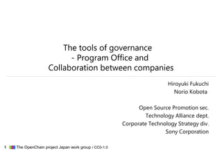 CONFIDENTIAL1 ▇▇▇ The OpenChain project Japan work group / CC0-1.0
The tools of governance
- Program Office and
Collaboration between companies
Hiroyuki Fukuchi
Norio Kobota
Open Source Promotion sec.
Technology Alliance dept.
Corporate Technology Strategy div.
Sony Corporation
 