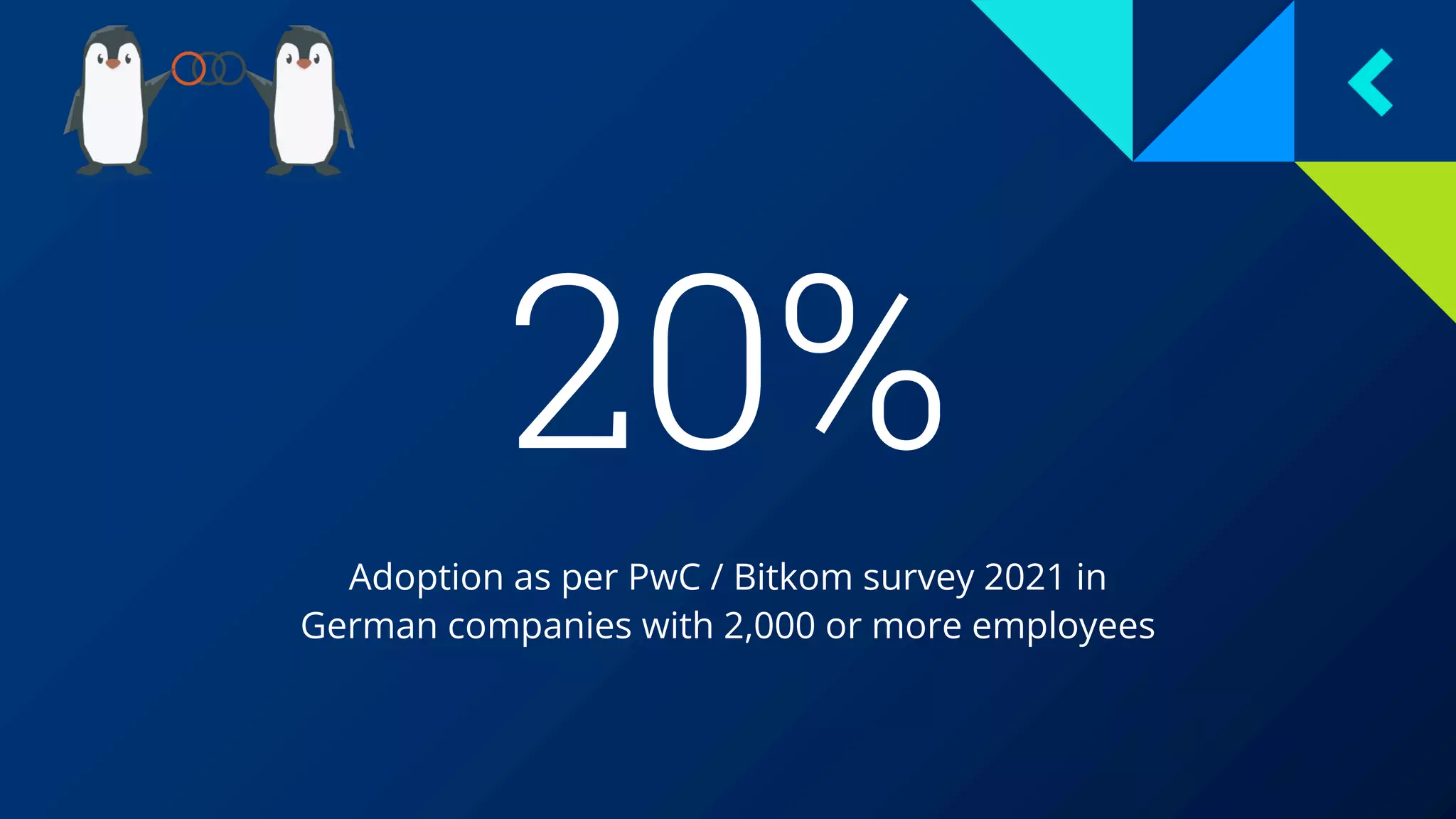 20%
Adoption as per PwC / Bitkom survey 2021 in
German companies with 2,000 or more employees
 
