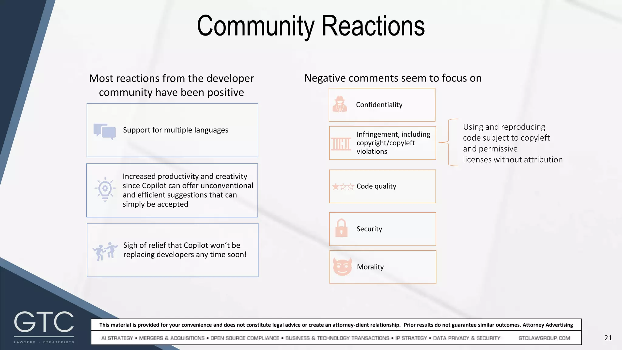 21
This material is provided for your convenience and does not constitute legal advice or create an attorney-client relationship. Prior results do not guarantee similar outcomes. Attorney Advertising
Community Reactions
Support for multiple languages
Increased productivity and creativity
since Copilot can offer unconventional
and efficient suggestions that can
simply be accepted
Sigh of relief that Copilot won’t be
replacing developers any time soon!
Most reactions from the developer
community have been positive
Negative comments seem to focus on
Using and reproducing
code subject to copyleft
and permissive
licenses without attribution
Confidentiality
Infringement, including
copyright/copyleft
violations
Code quality
Morality
Security
 