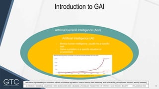 4
This material is provided for your convenience and does not constitute legal advice or create an attorney-client relationship. Prior results do not guarantee similar outcomes. Attorney Advertising
Introduction to GAI
Artificial General Intelligence (AGI)
Artificial Intelligence (AI)
- Mimics human intelligence, usually for a specific
task
- Solve a problem in a specific situation or
environment
WIPO Technology Trends 2019 – Artificial Intelligence, pg 42
 