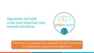 This means a company has adopted the gold standard
in compliance processes management
OpenChain ISO 5230
is the most impor...
