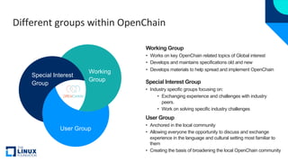 User Group
Working
Group
Special Interest
Group
Different groups within OpenChain
Working Group
• Works on key OpenChain r...