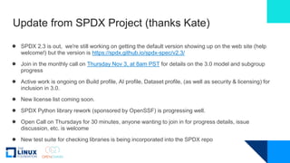 Update from SPDX Project (thanks Kate)
● SPDX 2.3 is out, we're still working on getting the default version showing up on...