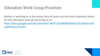 Education Work Group Priorities
Nathan is working on a document here to tease out the most important items
for the education work group to focus on:
https://docs.google.com/document/d/1d6FP1sQviBWfk38iwrEuFILe3w2mLfzR
UyWeZXycS7c/edit
 
