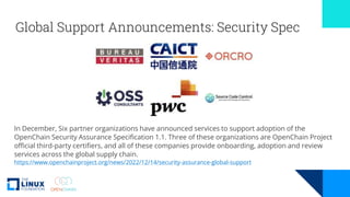 Global Support Announcements: Security Spec
In December, Six partner organizations have announced services to support adoption of the
OpenChain Security Assurance Specification 1.1. Three of these organizations are OpenChain Project
official third-party certifiers, and all of these companies provide onboarding, adoption and review
services across the global supply chain.
https://www.openchainproject.org/news/2022/12/14/security-assurance-global-support
 