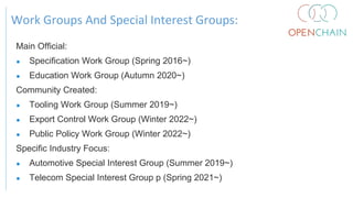 Work Groups And Special Interest Groups:
Main Official:
● Specification Work Group (Spring 2016~)
● Education Work Group (Autumn 2020~)
Community Created:
● Tooling Work Group (Summer 2019~)
● Export Control Work Group (Winter 2022~)
● Public Policy Work Group (Winter 2022~)
Specific Industry Focus:
● Automotive Special Interest Group (Summer 2019~)
● Telecom Special Interest Group p (Spring 2021~)
 