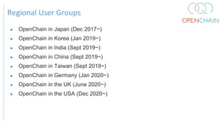 Regional User Groups
● OpenChain in Japan (Dec 2017~)
● OpenChain in Korea (Jan 2019~)
● OpenChain in India (Sept 2019~)
● OpenChain in China (Sept 2019~)
● OpenChain in Taiwan (Sept 2019~)
● OpenChain in Germany (Jan 2020~)
● OpenChain in the UK (June 2020~)
● OpenChain in the USA (Dec 2020~)
 