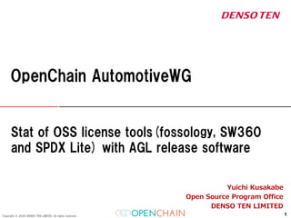 Copyright © 2020 DENSO TEN LIMITED. All rights reserved.
Yuichi Kusakabe
Open Source Program Office
DENSO TEN LIMITED
OpenChain AutomotiveWG
1
Stat of OSS license tools(fossology, SW360
and SPDX Lite) with AGL release software
 