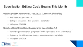 Specification Editing Cycle Begins This Month
Updating OpenChain ISO/IEC 5230:2020 (License Compliance)
○ Also known as Op...