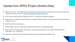 Update from SPDX Project (thanks Kate)
● SPDX 2.3 is out, we're still working on getting the default version showing up on...