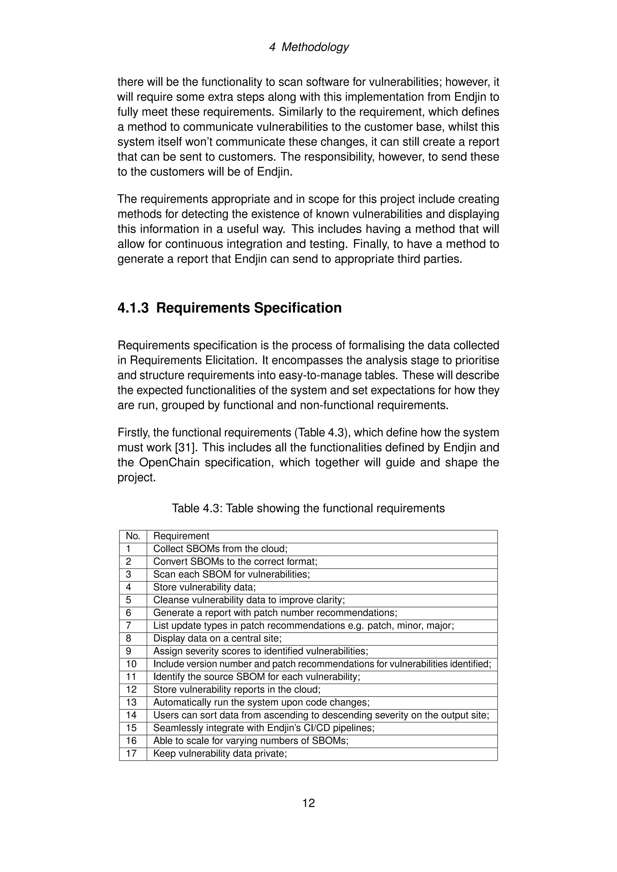 4 Methodology
there will be the functionality to scan software for vulnerabilities; however, it
will require some extra steps along with this implementation from Endjin to
fully meet these requirements. Similarly to the requirement, which defines
a method to communicate vulnerabilities to the customer base, whilst this
system itself won’t communicate these changes, it can still create a report
that can be sent to customers. The responsibility, however, to send these
to the customers will be of Endjin.
The requirements appropriate and in scope for this project include creating
methods for detecting the existence of known vulnerabilities and displaying
this information in a useful way. This includes having a method that will
allow for continuous integration and testing. Finally, to have a method to
generate a report that Endjin can send to appropriate third parties.
4.1.3 Requirements Specification
Requirements specification is the process of formalising the data collected
in Requirements Elicitation. It encompasses the analysis stage to prioritise
and structure requirements into easy-to-manage tables. These will describe
the expected functionalities of the system and set expectations for how they
are run, grouped by functional and non-functional requirements.
Firstly, the functional requirements (Table 4.3), which define how the system
must work [31]. This includes all the functionalities defined by Endjin and
the OpenChain specification, which together will guide and shape the
project.
Table 4.3: Table showing the functional requirements
No. Requirement
1 Collect SBOMs from the cloud;
2 Convert SBOMs to the correct format;
3 Scan each SBOM for vulnerabilities;
4 Store vulnerability data;
5 Cleanse vulnerability data to improve clarity;
6 Generate a report with patch number recommendations;
7 List update types in patch recommendations e.g. patch, minor, major;
8 Display data on a central site;
9 Assign severity scores to identified vulnerabilities;
10 Include version number and patch recommendations for vulnerabilities identified;
11 Identify the source SBOM for each vulnerability;
12 Store vulnerability reports in the cloud;
13 Automatically run the system upon code changes;
14 Users can sort data from ascending to descending severity on the output site;
15 Seamlessly integrate with Endjin’s CI/CD pipelines;
16 Able to scale for varying numbers of SBOMs;
17 Keep vulnerability data private;
12
 